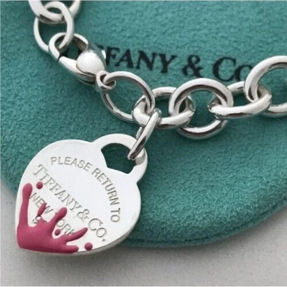 Rare Tiffany & Co. Pink Splash Return to Tiffany Heart Tag Silver Charm Bracelet - Picture 2 of 8
